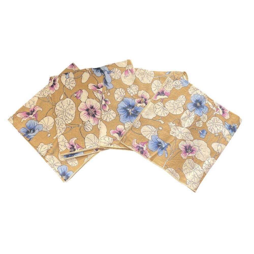 4 Floral Napkin Set Cloth VTG Tan Purple Blue READ 15" X 16" UPCYCLE Craft